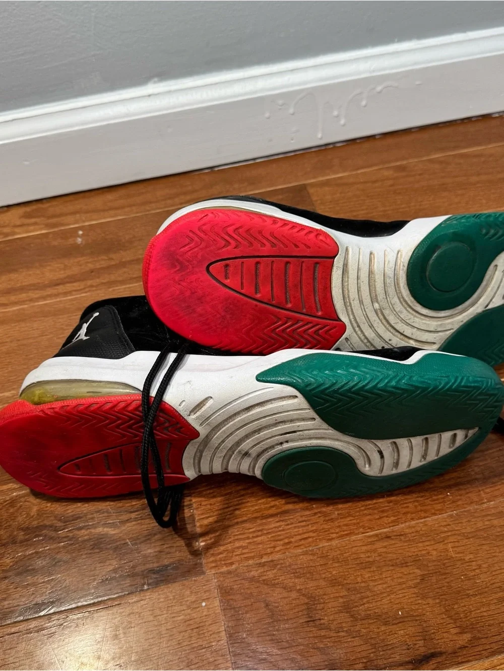 HEAVILY WORN Jordan Black High-Top Sneakers with Green and Red Outsoles